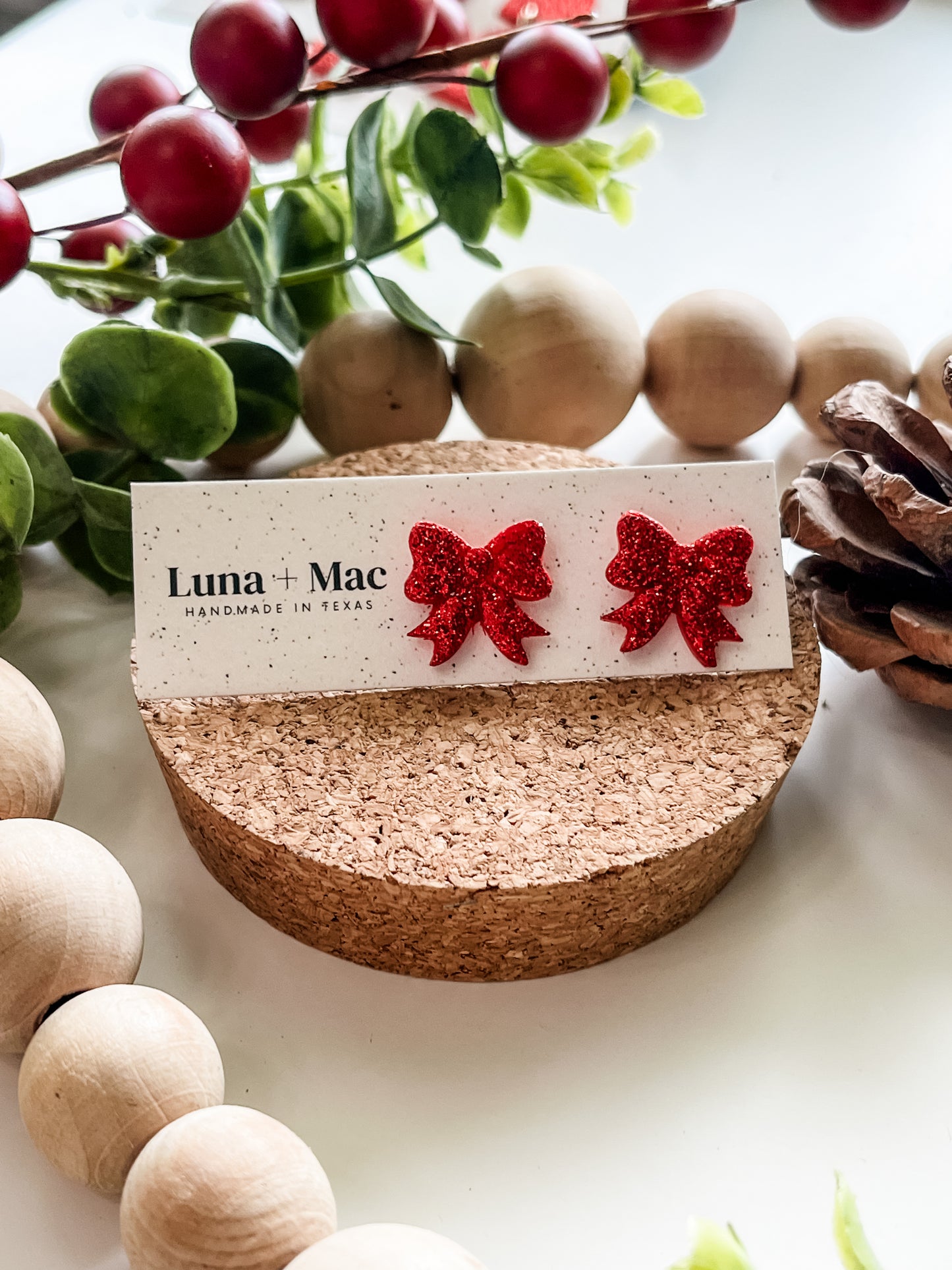 Classic Holiday Bow Studs - Red Glitter