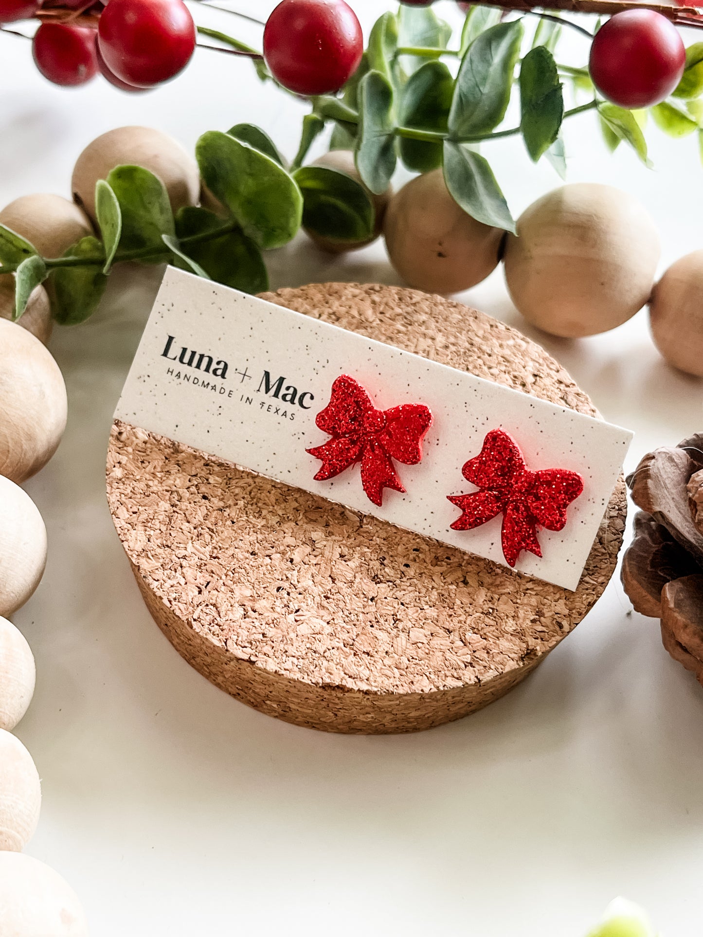 Classic Holiday Bow Studs - Red Glitter