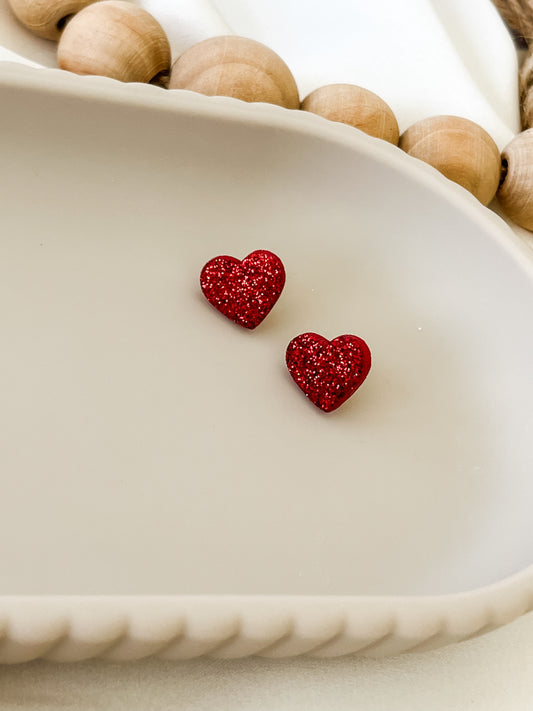 Glitter Heart Studs - Red